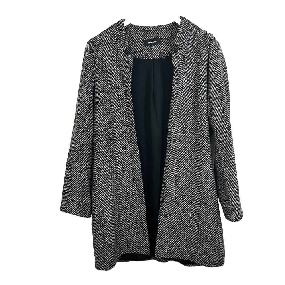 Aakaa Herringbone Longline Open Front Jacket Womens S Black White Lined